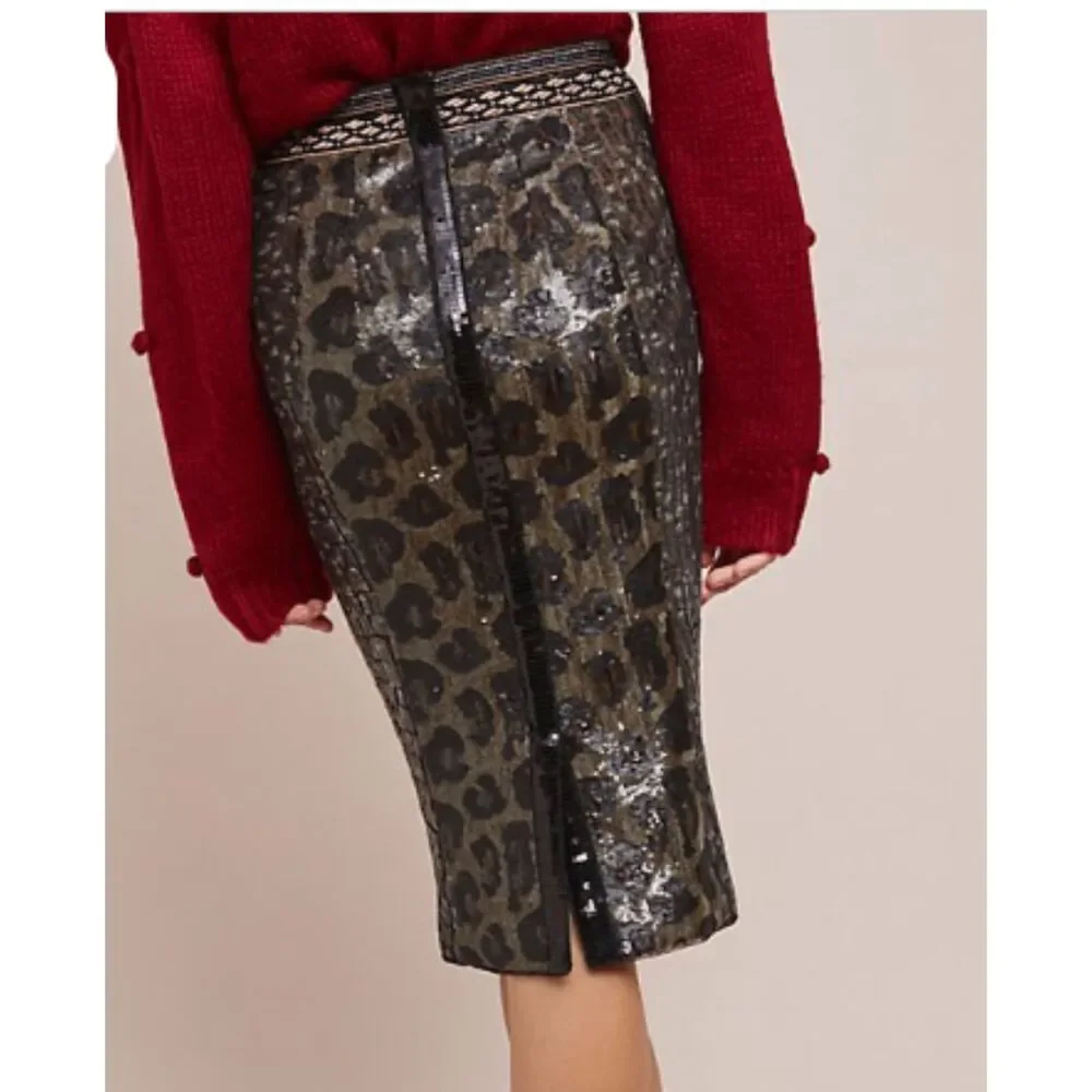 Byron Lars Beauty Mark Leopard Sequin Pencil Skirt Size 8 Metallic NWT